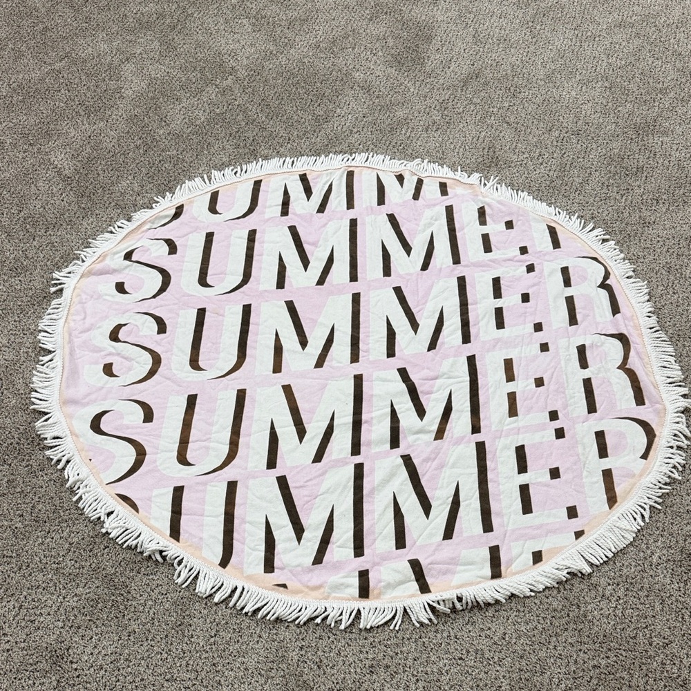 Round Fringe Beach Towel - Pink & Brown "SUMMER" Print
